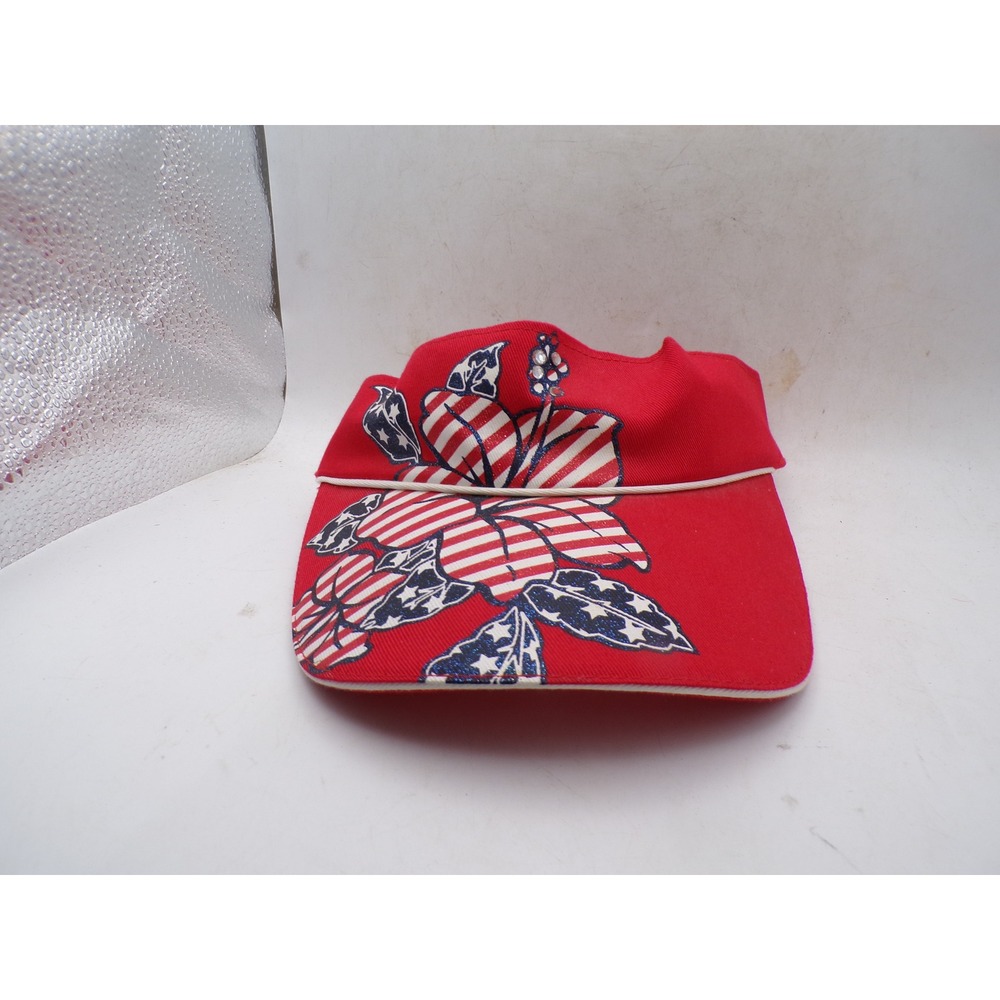 Red Hibiscus Patriotic Stars and Stripes Sun Visor Hat Cotton Adjustable